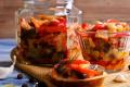 Delicious eggplant appetizer for the winter with tomatoes and onions